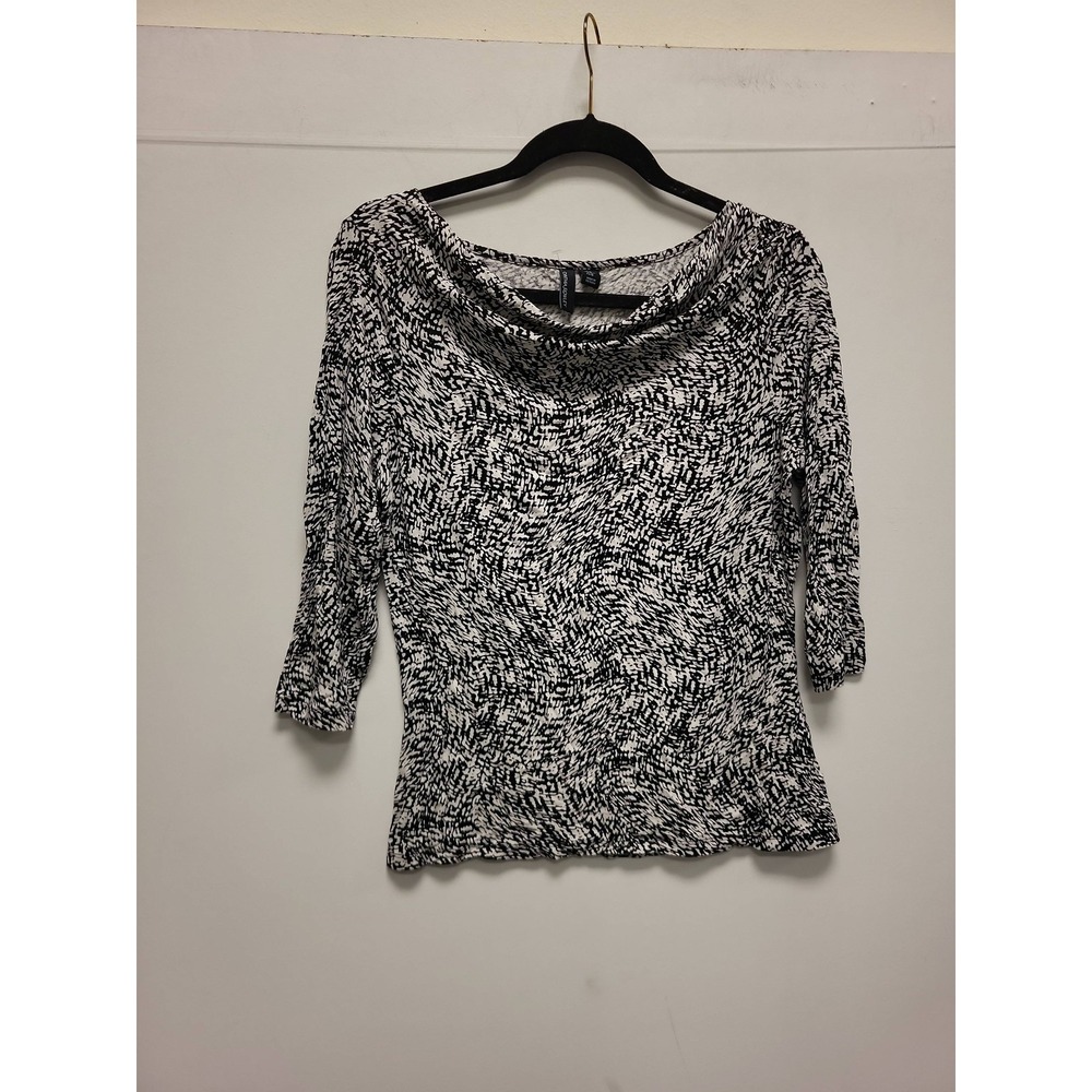 Cynthia Rowley Top Womens Size M Black White Print 3/4 Sleeve Cowl Neck Blouse‎